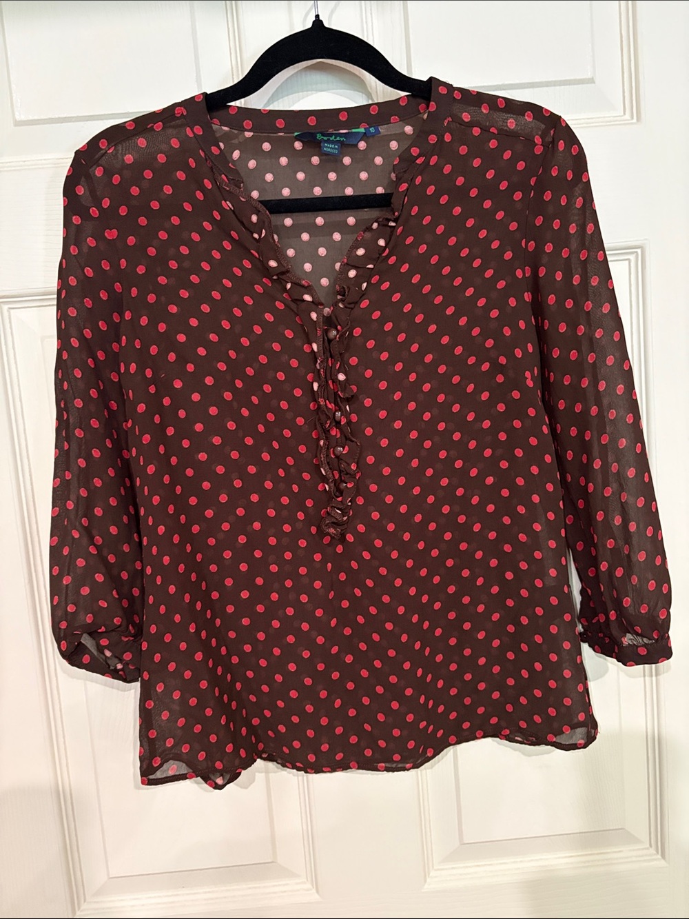 Boden Brown Blouse with Red Polka Dots and Ruffle Placket